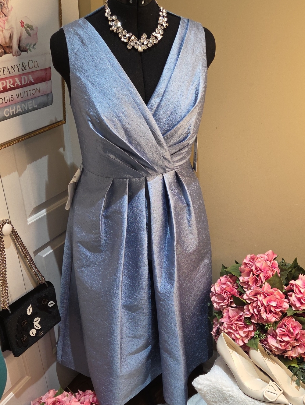 Nwt 16 Size $358 Kay Unger Light Blue Olivia Tea Length Dress V-Neck - Picture 14 of 17